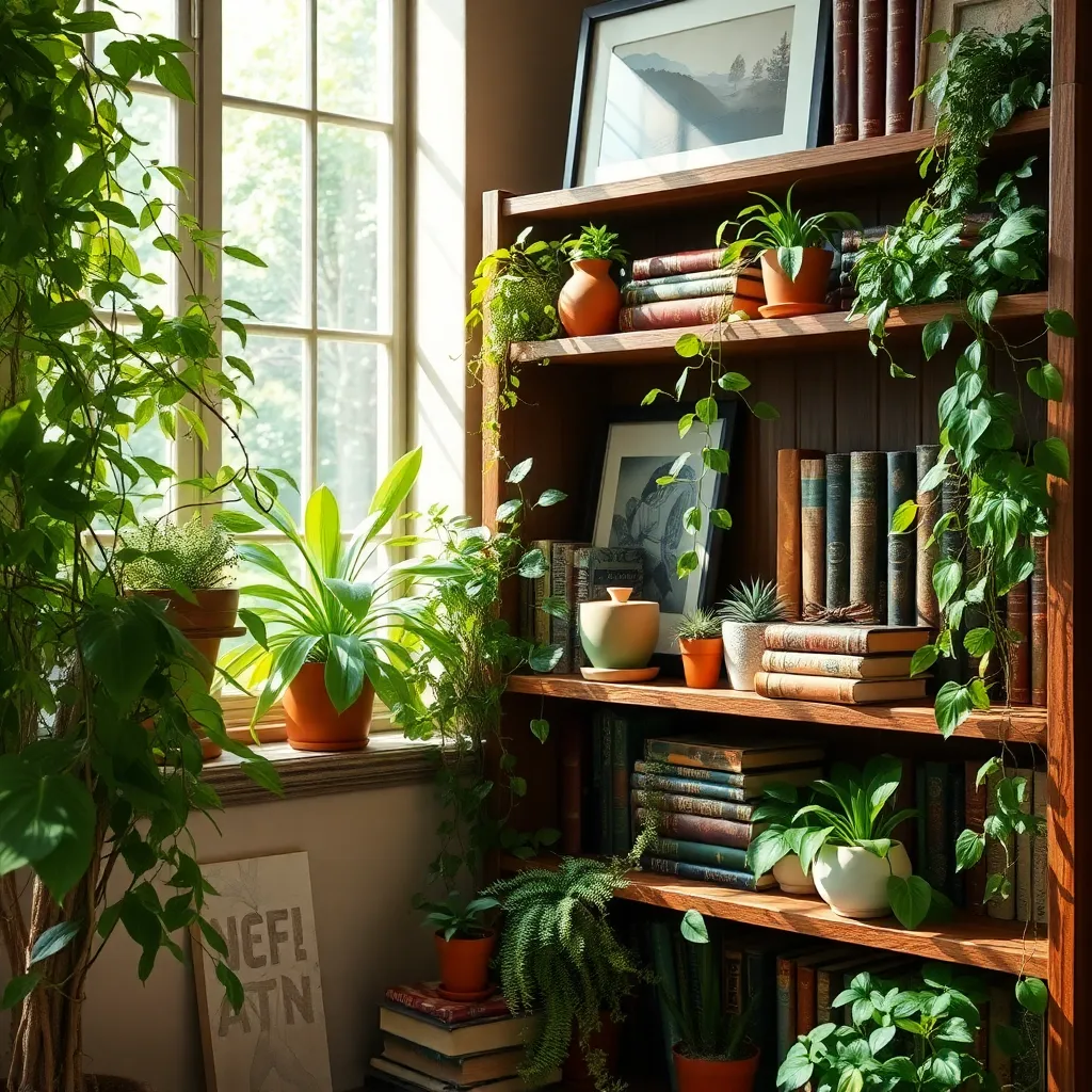 Incorporate Plants in Bookcases